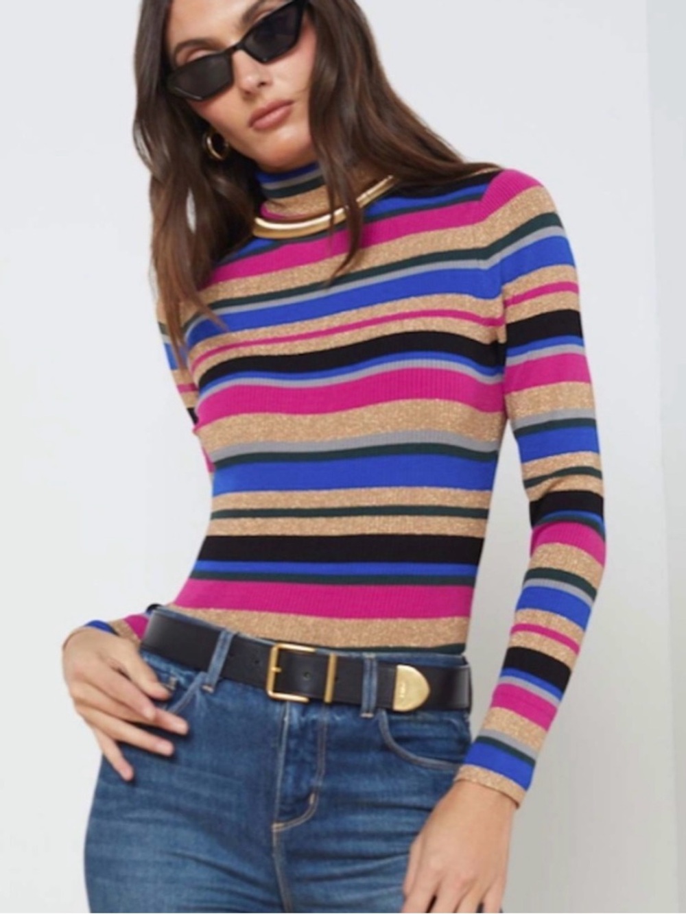 Lagence Olene pink, blue, gold, and black striped turtleneck sweater S